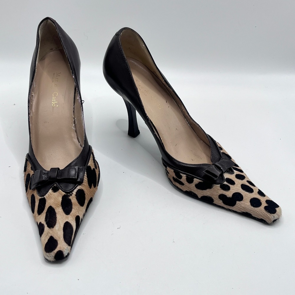 Max de Carlo Italy Brown Leather Leopard Calf Hair Bow Pointed Toe Pumps Size 6B